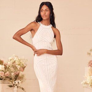 Lulus Tell Me Everything White Beaded Sequin Halter Maxi Dress